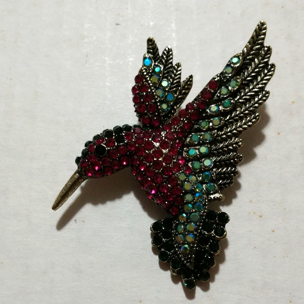 Hummingbird Deluxe Handcrafted Rhinestone Brooch Pin/Pink & Teal Vintage 3"